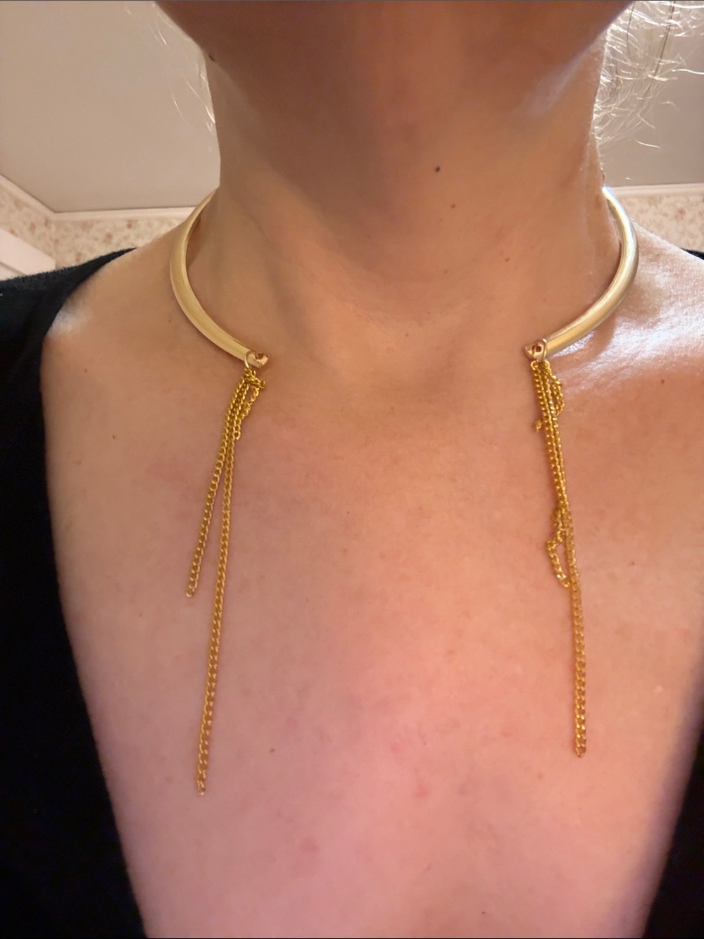 Hand-Crafted Gold-Tone Open Collar Necklace with Dangling Chain Fringes